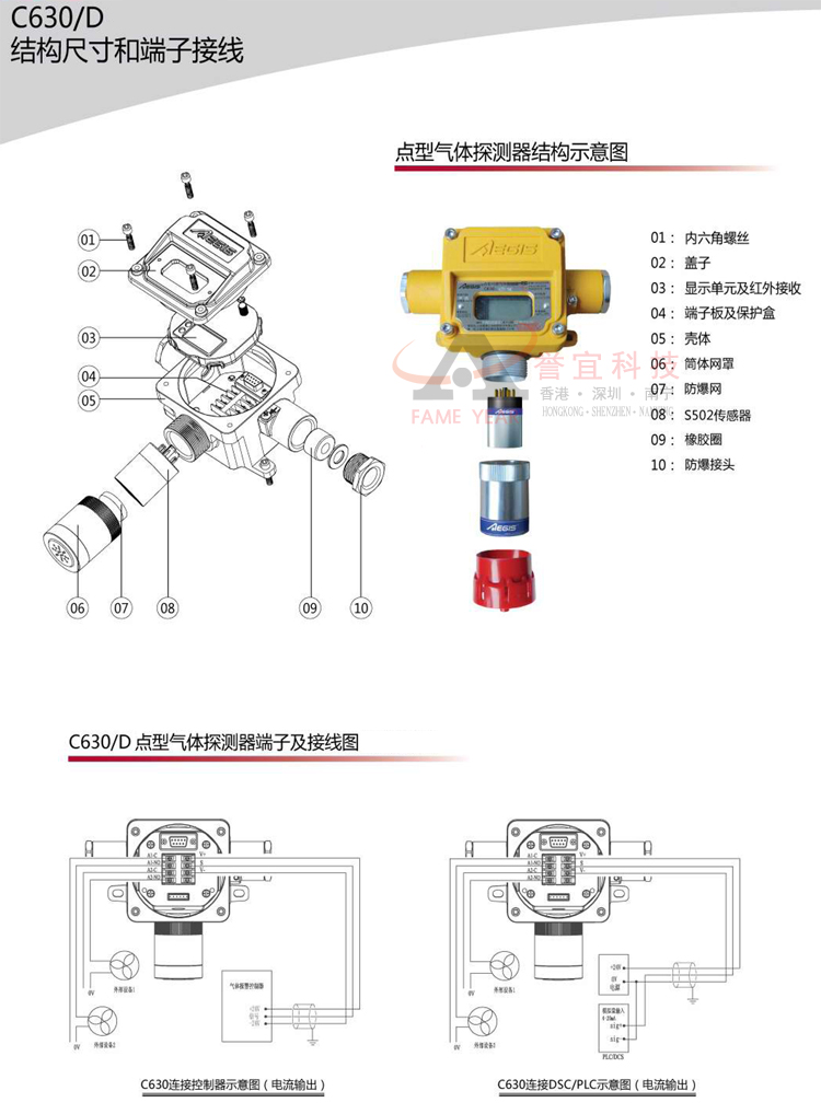 C630/D 点型可燃气体探测器 C630/D是基于智能传感器技术的气体探测器,内置32位微处理器技术,采用了LCD显示器件,该系列产品具备独特的软件功能和多项创新的设计,被设计 用于探测与监视可燃性气体的浓度的变化。可选用配接催化燃烧传感器和半导体传感器,智能传感器为本安设计,可异地标定,可带电插拔更换。 1.